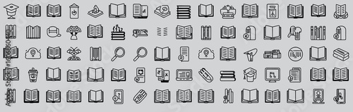 Vector art of a collection of book and reading icons isolated on white background, representing various aspects of literature, education, and the pursuit of knowledge