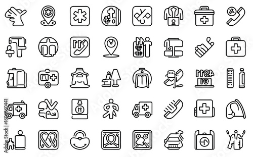 Vector art of a series of medical and healthcare icons isolated on white background, representing various aspects of emergency services, hospital care, and patient assistance