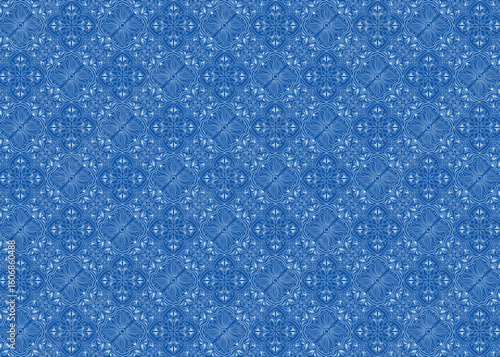 青と白のクラシックタイル模様、アズレージョ風タイル、エレガントなシームレス背景素材02