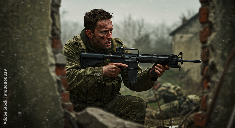 Fototapeta premium Soldier aiming weapon while crouching in ruined building outdoors 