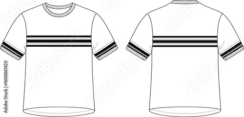 Classic Striped T-Shirt Design, Front and Back View, Short Sleeve Crew Neck Top, Sporty Casual Apparel Template, Editable Vector Flat Sketch Illustration.