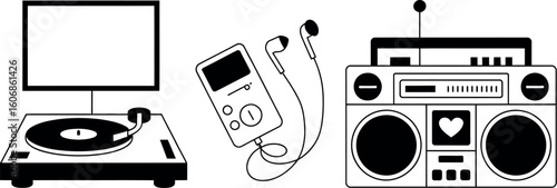 A black and white illustration of a record player, mp player with headphones, and a boombox radio


