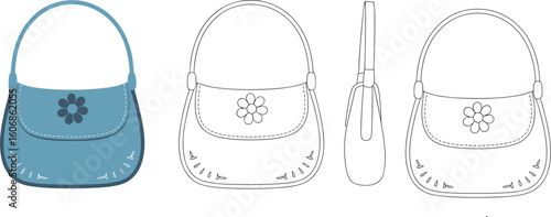 Cute Children's Shoulder Bag with Flower Decoration, Colored and Outline Views, Technical Flat Sketch, Adorable Accessory Design, Playful Fashion Illustration, Kid's Style.