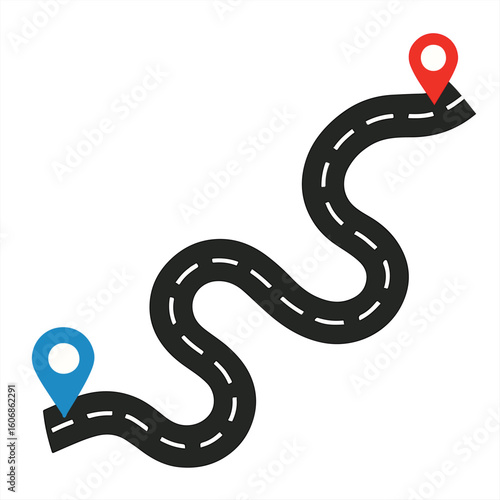 Winding Roadmap Path with Location Pins, Vector Journey Concept with Curved Route and Start-End Markers, Ideal for Planning, Navigation, and Travel Infographics