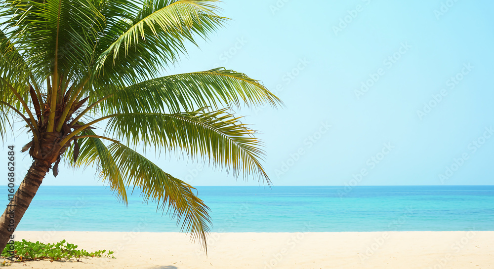 Fototapeta premium serene tropical beach scenery with ocean waves and palm trees