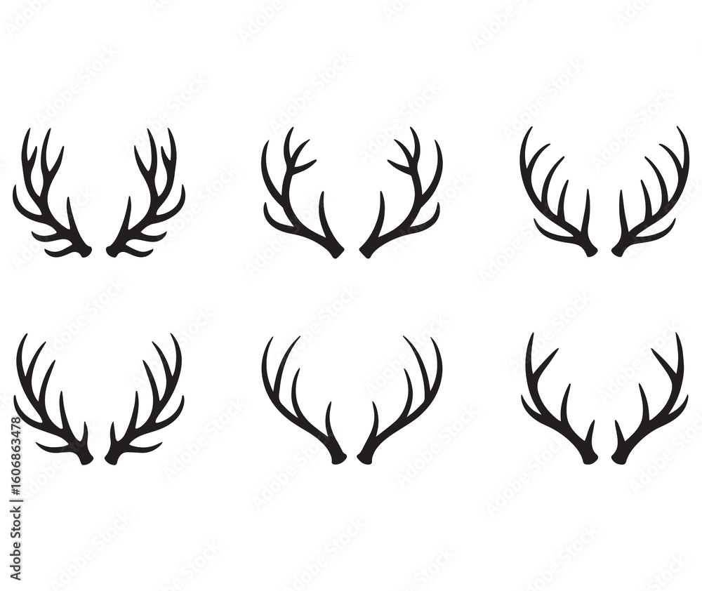 Fototapeta premium Collection of Deer Antler Silhouettes on White Background for Festive Design and Decorating Projects Featuring Animal Elements