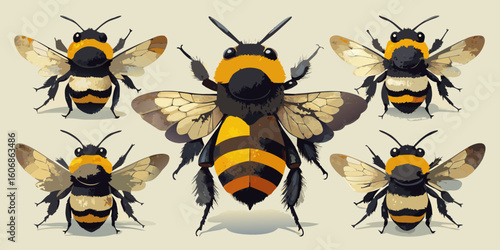 Cartoon vector illustration of various cute flying insects including bees, butterflies, and ladybugs on flowers, perfect for summer nature themes