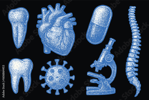 Halftone Vintage Medical Illustration Tooth, Heart, Spine, Pill, Virus & Microscope Engraving, perfect for Anatomy, Dentistry, Science Poster, Healthcare Decor, Biology Education, Pharmaceutical Art