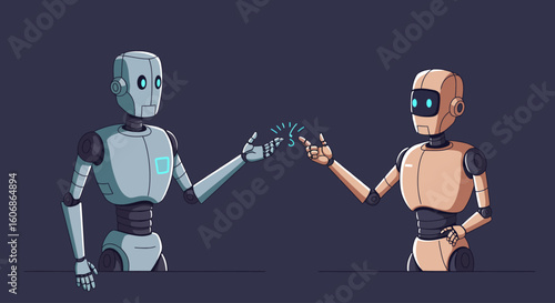 Two robots interacting, exchanging data, futuristic illustration.