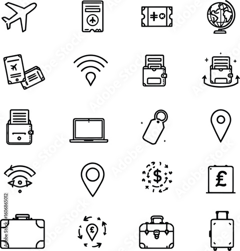 Travel planning and booking icons for vacation trip adventure tourism and destination exploration set 100 silhouette