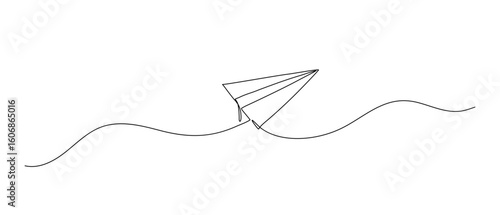 Paper plane one continuous line illustration. Hand drawn doodle vector sketch isolated on white background