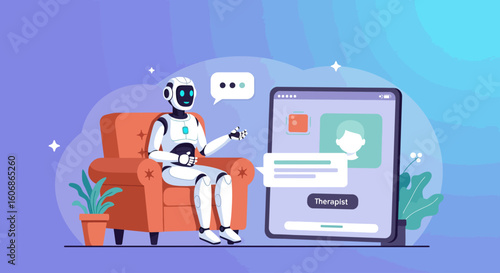 A cartoon robot sits in a chair and interacts with a digital tablet displaying a chat interface.