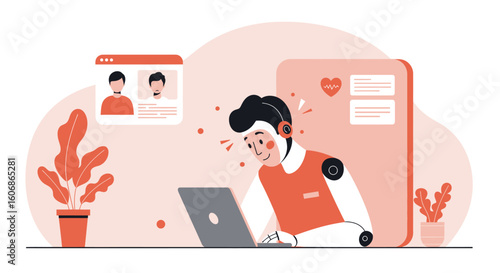 A robotic customer service agent attentively works on a laptop, interacting with online clients via video chat.