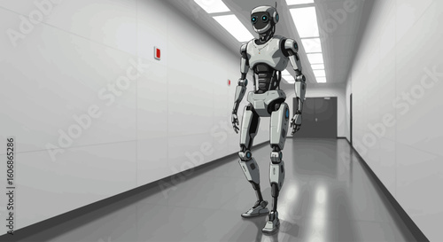 A humanoid robot stands alone in a sterile, white corridor, its metallic body reflecting the artificial lighting.