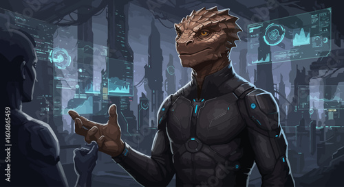 A reptilian humanoid in a futuristic setting gestures while conversing with another figure.