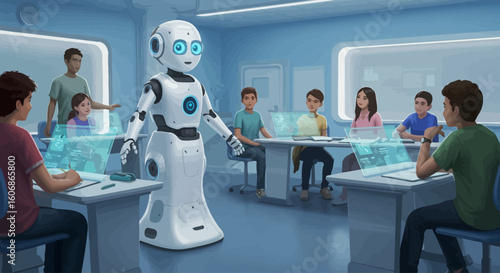 A friendly robot interacts with children in a modern classroom setting, teaching.