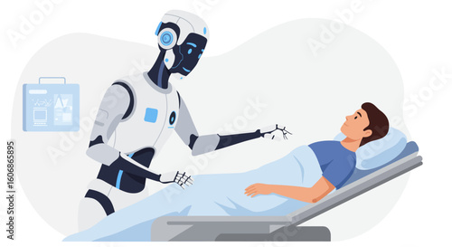A medical robot gently attends to a patient resting in a hospital bed.