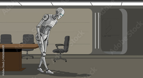 A robot stands in an office, bending over with hands on its knees, appearing tired or defeated.