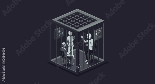 Abstract illustration of figures trapped inside a cube-shaped cage, representing confinement and lack of freedom.