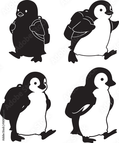 Four adorable penguin chicks walking silhouette