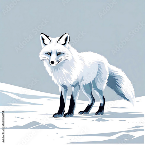 Arctic Fox in Snowy Landscape: The serene arctic fox, with pristine white fur, stands gracefully in a wintry, snowy landscape.