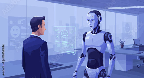 Businessman and robot colleague interact in a modern office setting.