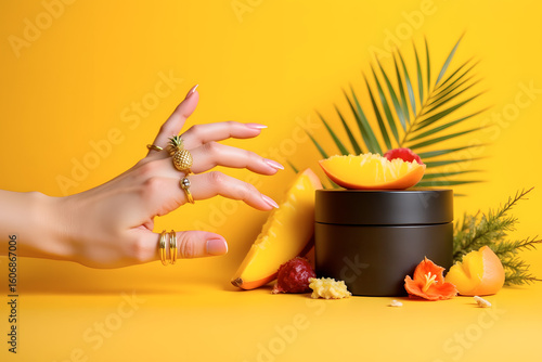 Stylish hand with rings, vibrant mood, reaching for fruit and cosmetic jar, colorful setup with copy space
