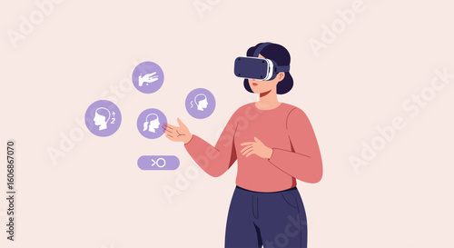Woman using virtual reality headset, interacting with digital interface icons.