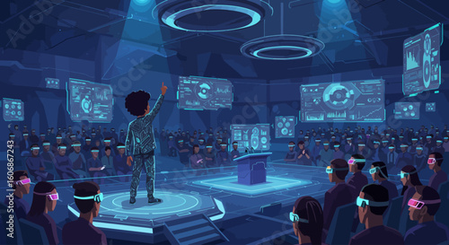 A futuristic presentation hall with a speaker addressing a large audience wearing VR headsets.