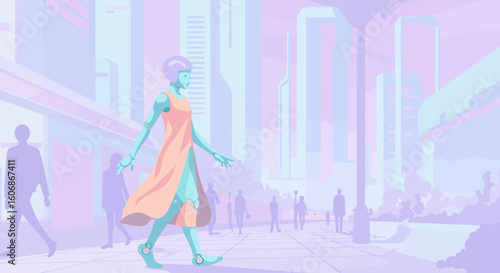 A stylized android woman strolls through a pastel-hued futuristic city street, amidst a crowd of indistinct figures.
