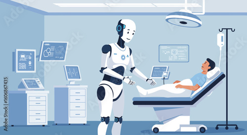 A robotic healthcare worker assisting a patient in a modern hospital room.