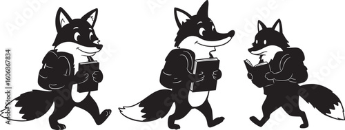 Three anthropomorphic foxes walking together silhouette