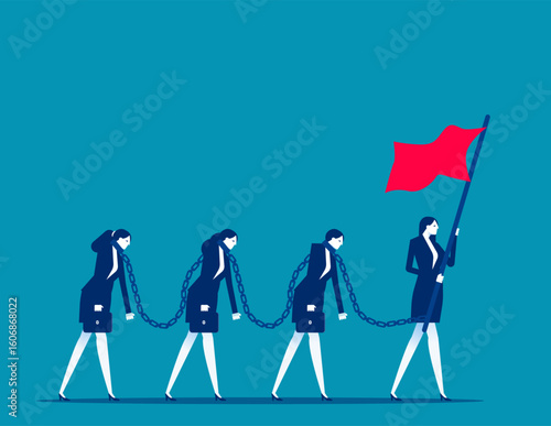 People chasing flags. Employee people chained to the flag chasing ideology