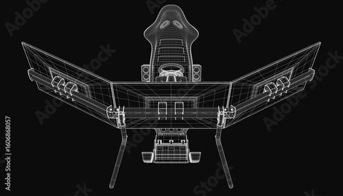 A sleek black and white wireframe drawing of a racing simulator chair features clean minimalist lines, a comfortable seat design, and a futuristic steering wheel for an immersive gaming experience.