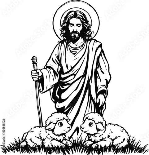 Jesus christ shepherd with lambs vector illustration religious christianity artwork line art drawing 100 silhouette