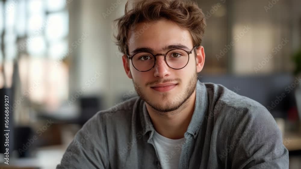 A relaxed male office worker wearing sunglasses indoors, smiling and enjoying the atmosphere. A relaxed male office worker wearing sunglasses indoors, smiling and enjoying the atmosphere.