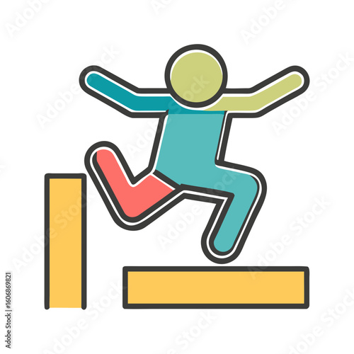 Person jumping over obstacles in a colorful graphic