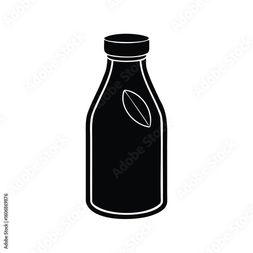 Black silhouette of a herbal tonic bottle with a leaf emblem
