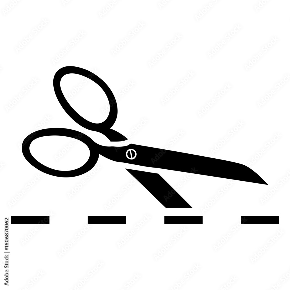 Icono con silueta de tijera con línea de corte Icono con silueta de tijera con línea de corte