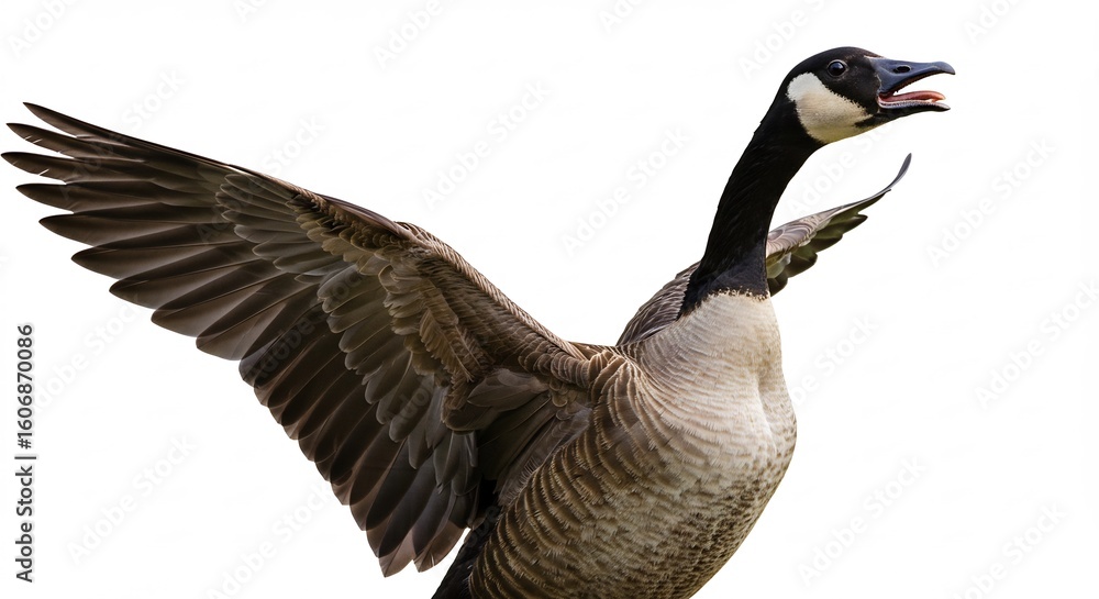 Obraz premium 力強く羽ばたくカナダガン 白背景 鮮明な写真. AI Generated