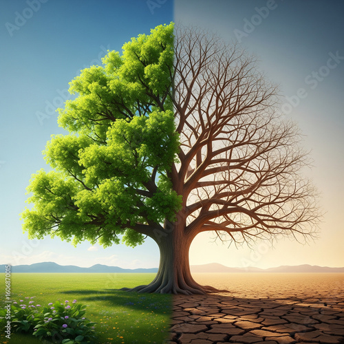 Climate Change Impact on Nature: A Tree Divided Between Life and Desertification

