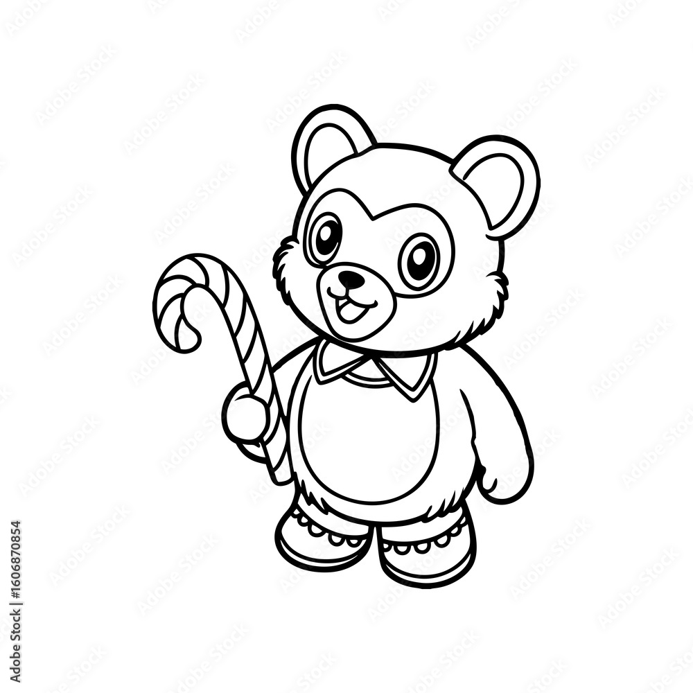 Obraz premium A cute cartoon bear with a bow tie and boots is holding a candy cane, outlined in black and white.