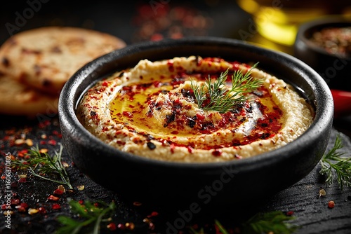 Dark bowl of hummus topped with olive oil, red pepper flakes, and fresh dill, served with pita bread