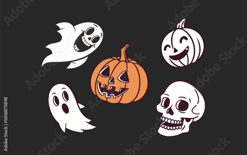 Spooky Season Delight Whimsical Halloween Vector Illustration with Ghosts, Pumpkins, and Skull