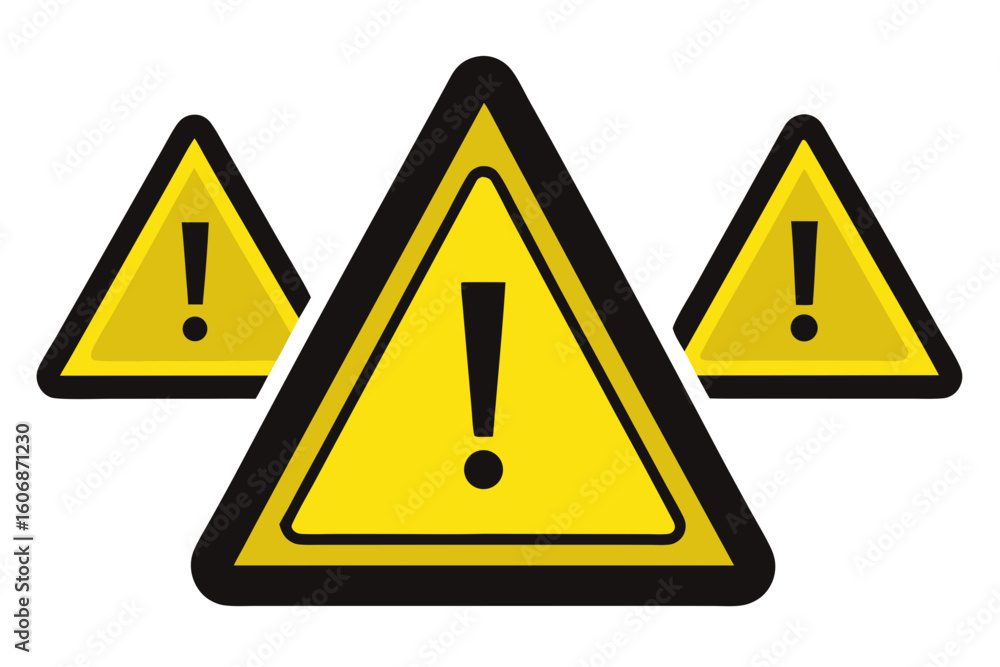 Three yellow warning signs with exclamation marks on white background Three yellow warning signs with exclamation marks on white background