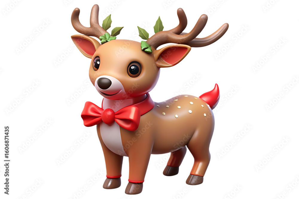 Cute cartoon reindeer with red bow tie and green leaves on antlers isolated on transparent background Cute cartoon reindeer with red bow tie and green leaves on antlers isolated on transparent background