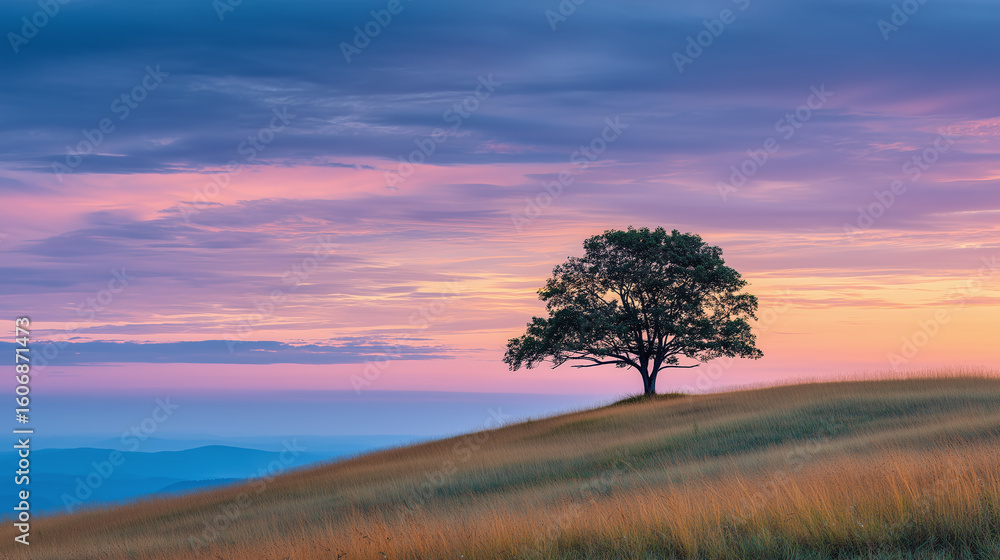 Obraz premium Lone tree stands on rolling hill under pastel dawn sky, with soft clouds and distant blue mountains creating peaceful and serene natural landscape
