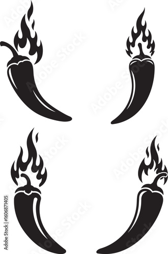 Four spicy chili peppers with flames silhouette