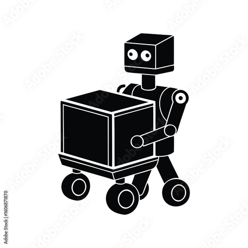 Isometric Cartoon Robot Delivering a Box on Wheeled Platform in Black