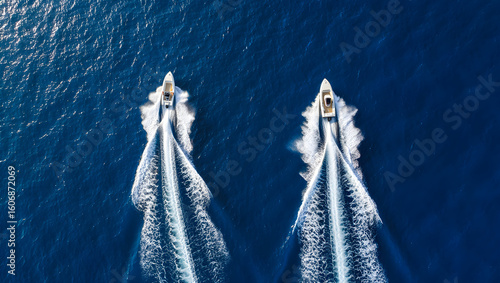 Two speed boats racing across the blue ocean